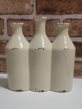 Cost Plus World Market Cream Triple Bottle Ceramic Vase